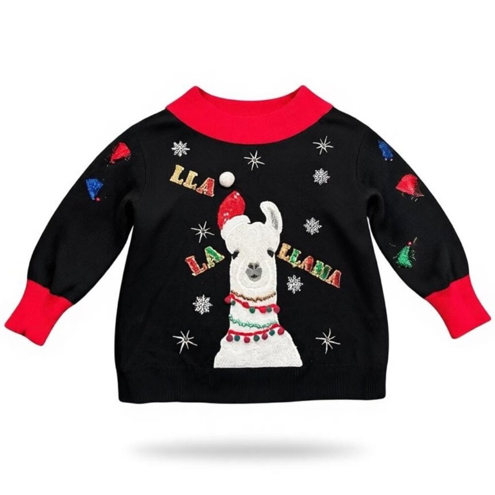 Llama Christmas Sweater Women’s L Black Red Mock Neck Ugly Christmas Holiday EUC